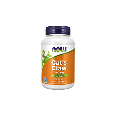 A white bottle of Now Foods Cat's Claw 500 mg, containing 100 vegetarian capsules with an orange and white label, is a traditional herbal supplement used to support the immune system.